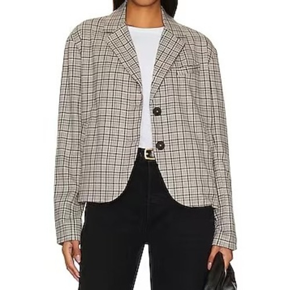 Free People Plaid Blazer in Beige and Black